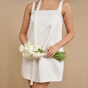 Six Stories ANYA Pearl Scatter Detail Mini Dress with Neck Scarf - white pearl